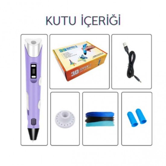 3DPen-2 3D Kalem Ekranlı Usb Kablolu Mor Renk 3D Yazıcı Kalem (  1.75MM 9M Filament Hediyeli )